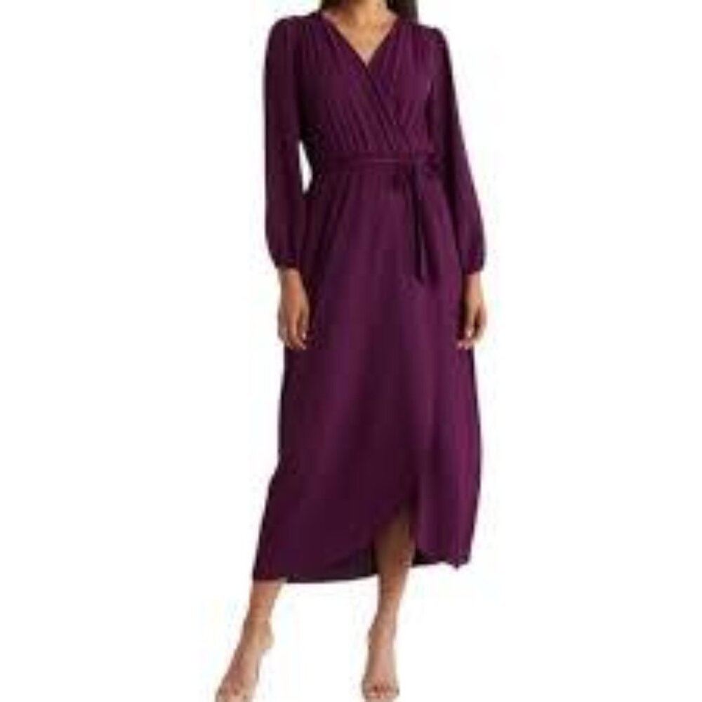 Connected Apparel Women’s Plum Long Sleeve Faux Wrap Midi Dress NWT 10